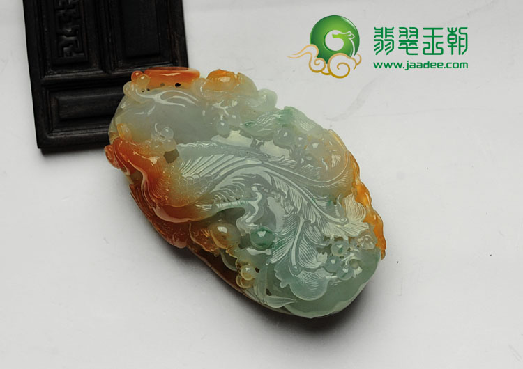 冰种红黄翡略飘花缅甸翡翠丹凤朝阳手玩件