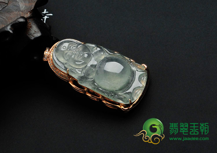 冰种淡晴水缅甸翡翠镶玫瑰金玉佛胸坠（真钻）