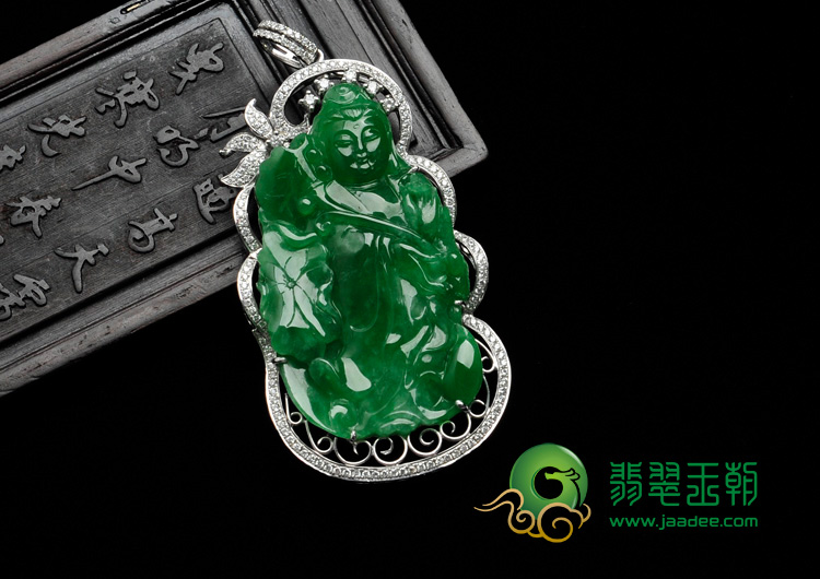 糯冰种正阳绿满绿缅甸翡翠镶白金执莲观音胸坠（真钻）