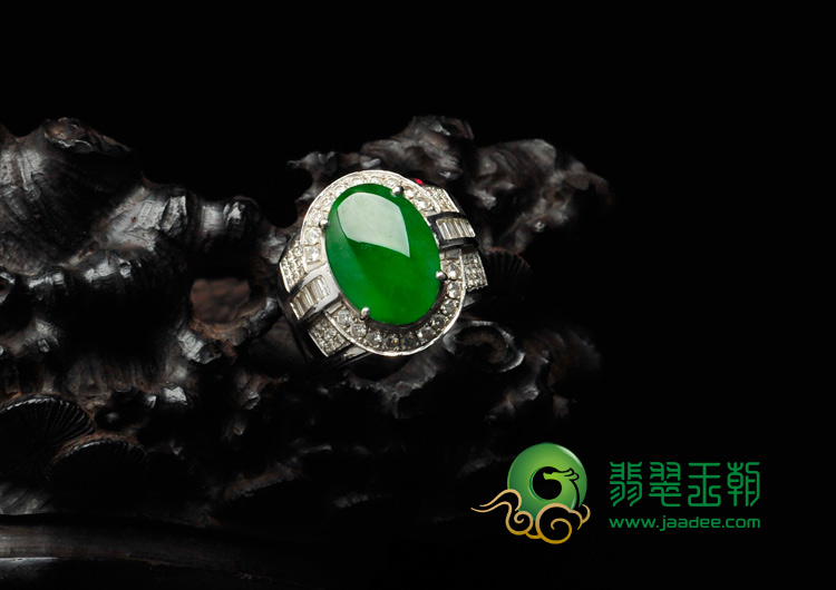 冰种阳绿满绿缅甸翡翠镶白金男戒（真钻）
