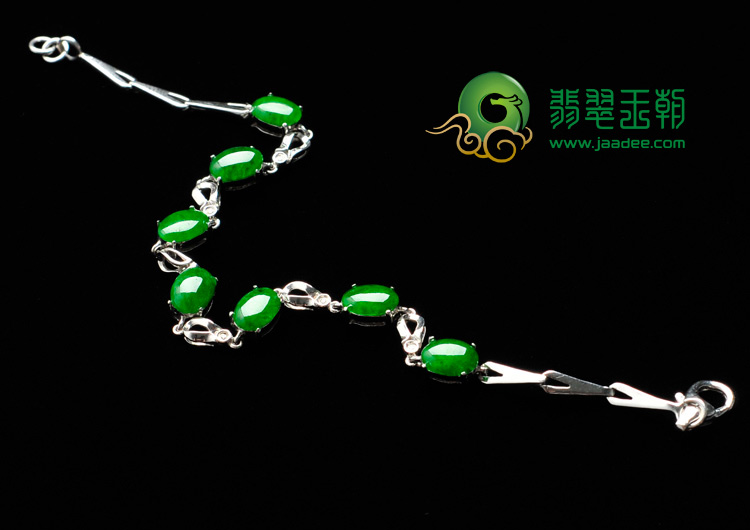 糯冰种浓绿缅甸翡翠镶白金手链（真钻）