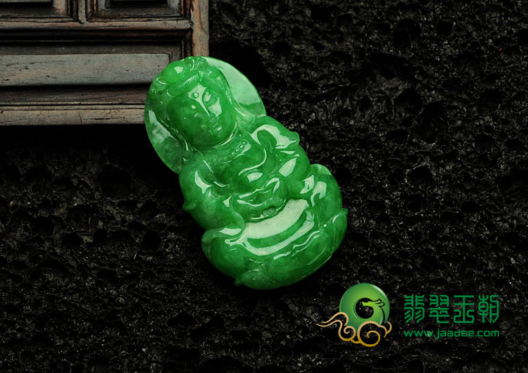 糯冰种阳绿满绿缅甸翡翠观音挂件