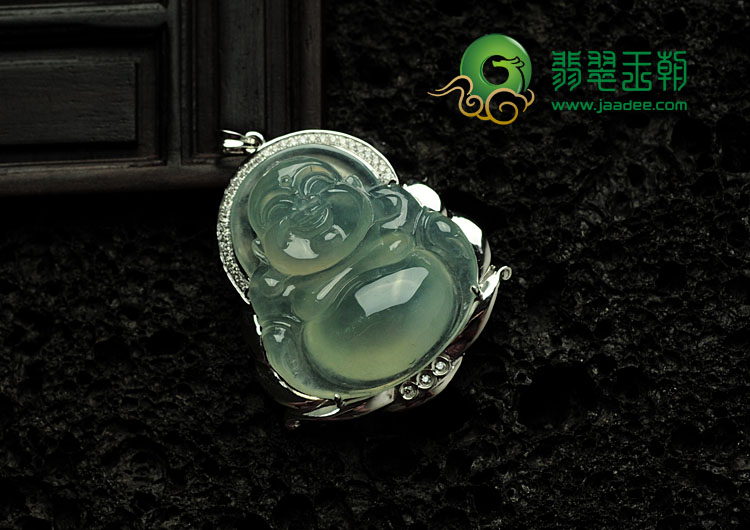 冰种晴水缅甸翡翠镶白金玉佛胸坠