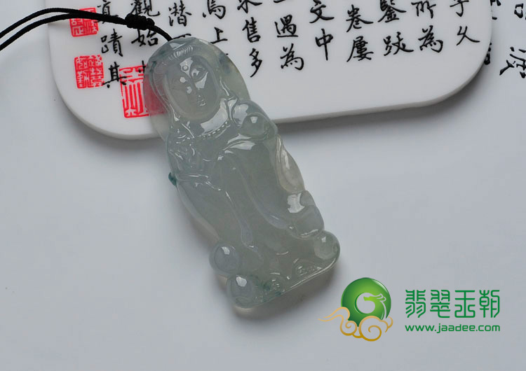 冰种淡晴水略飘花缅甸翡翠站观音挂件