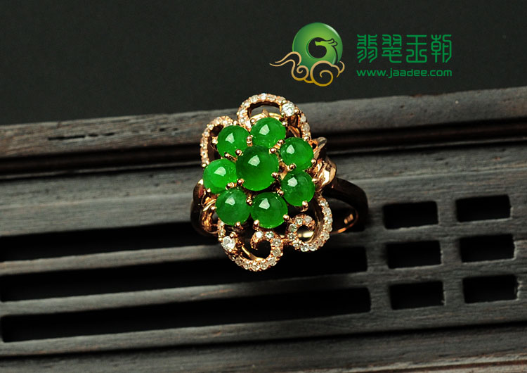 冰种阳绿满绿缅甸翡翠镶玫瑰金戒指（真钻）