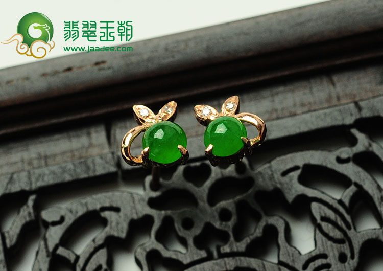 冰种阳绿满绿缅甸翡翠镶玫瑰金耳钉（真钻）