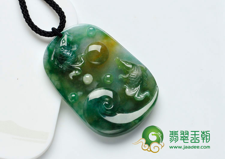 糯冰种油青带黄翡缅甸翡翠相濡以沫挂件