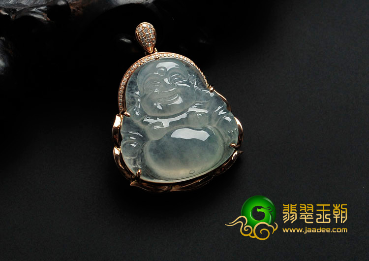 冰种晴水缅甸翡翠镶玫瑰金玉佛胸坠（真钻）