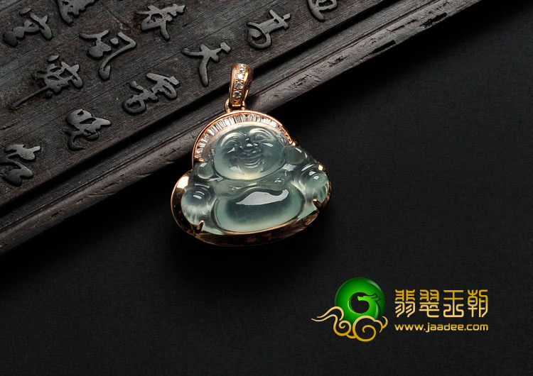 冰玻种晴水缅甸翡翠镶玫瑰金玉佛胸坠（真钻）