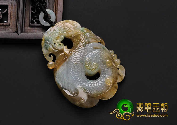 糯冰种褐黄翡飘花缅甸翡翠龙行如意挂件
