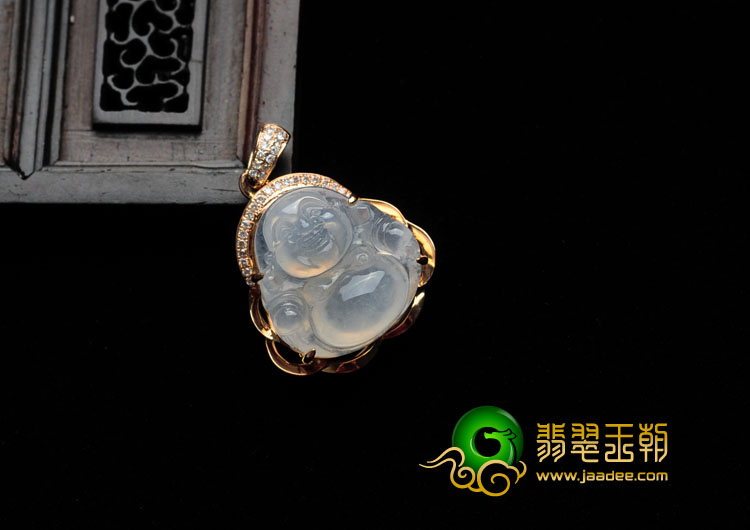 冰种缅甸翡翠镶玫瑰金玉佛胸坠（真钻）