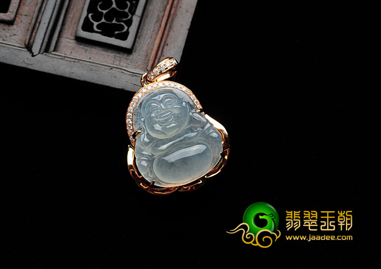 (超值推荐)冰种淡晴水缅甸翡翠镶玫瑰金玉佛胸坠（真钻）