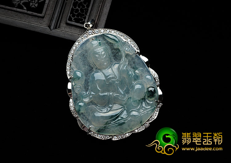 冰种飘花缅甸翡翠镶白金观音胸坠（真钻）