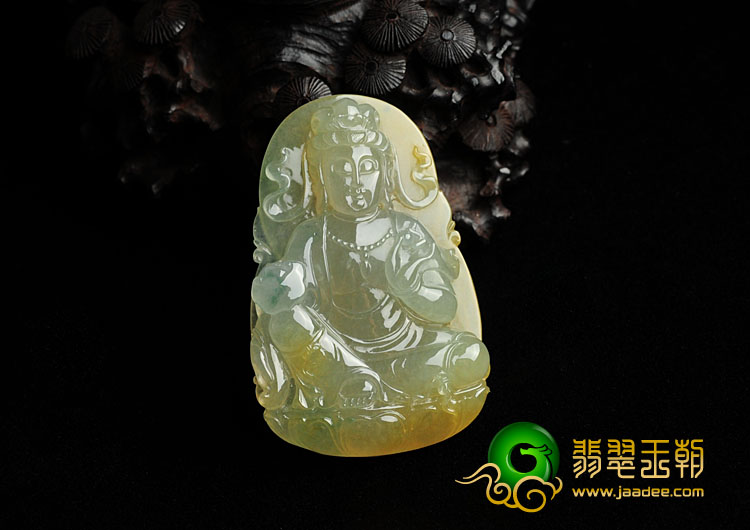 冰种黄翡飘花缅甸翡翠观音挂件