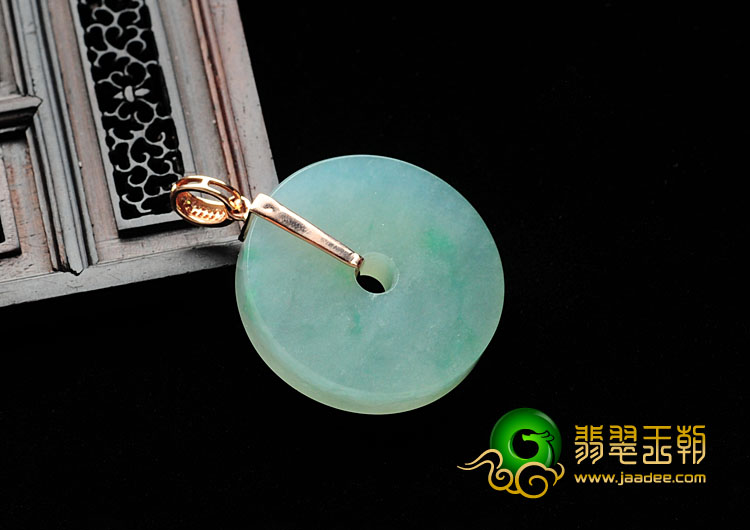 冰种飘花缅甸翡翠镶玫瑰金平安扣胸坠（真钻）