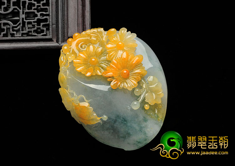糯冰种黄翡飘花缅甸翡翠蝶恋花手玩件