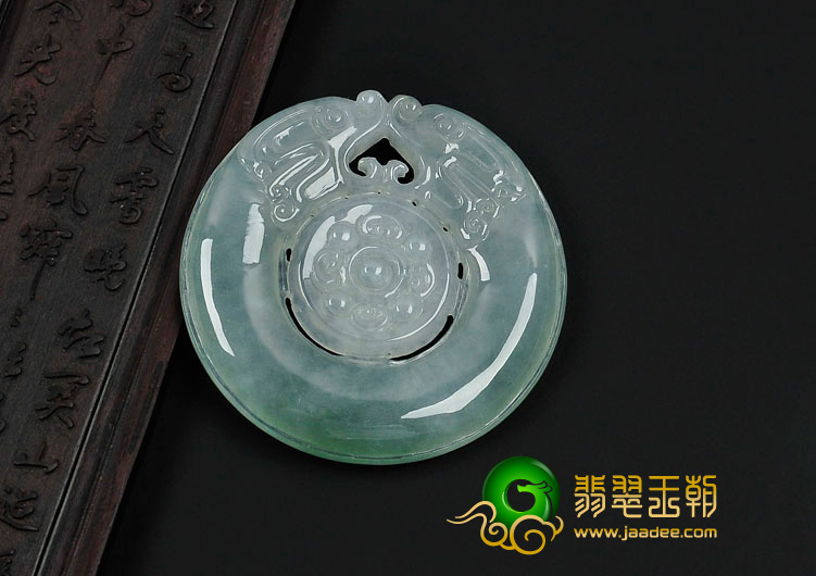 冰种飘花缅甸翡翠双龙如意挂件
