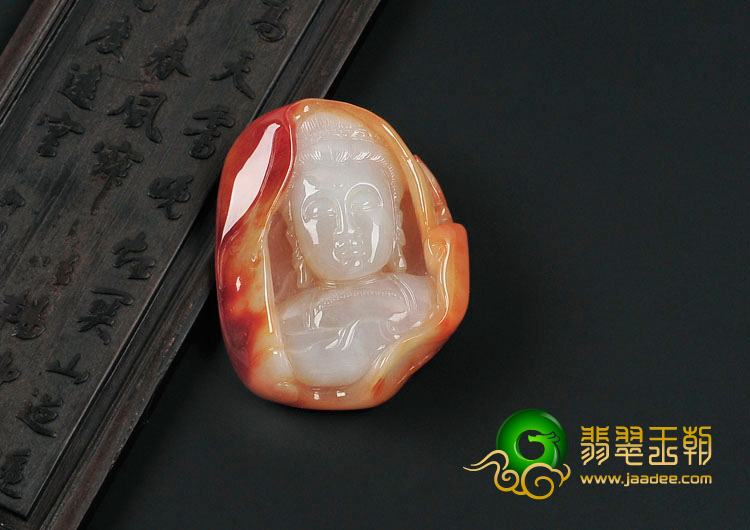 糯冰种红黄翡缅甸翡翠观音头挂件