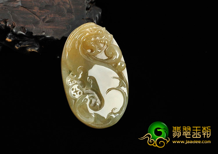 糯冰种褐黄翡缅甸翡翠龙凤佩挂件