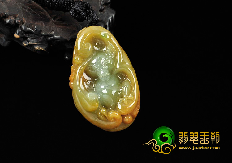 糯冰种褐黄翡缅甸翡翠褔从天降挂件