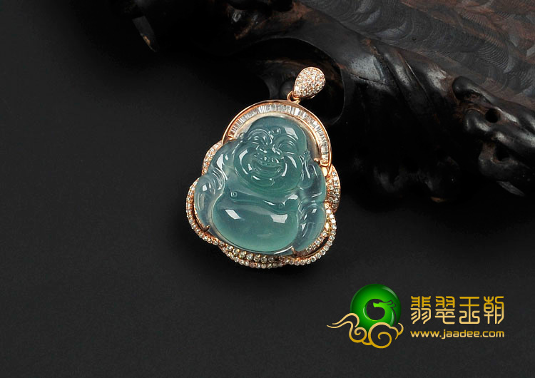 冰玻种晴水缅甸翡翠镶玫瑰金玉佛胸坠（真钻）