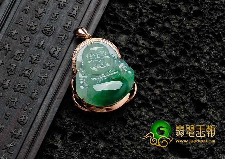 冰种飘翠缅甸翡翠镶玫瑰金玉佛胸坠