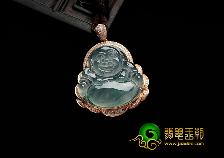 冰种飘花缅甸翡翠镶玫瑰金玉佛胸坠