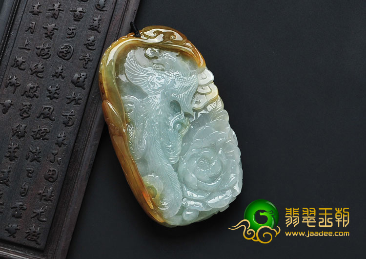 糯冰种晴水褐黄翡缅甸翡翠凤戏牡丹挂件