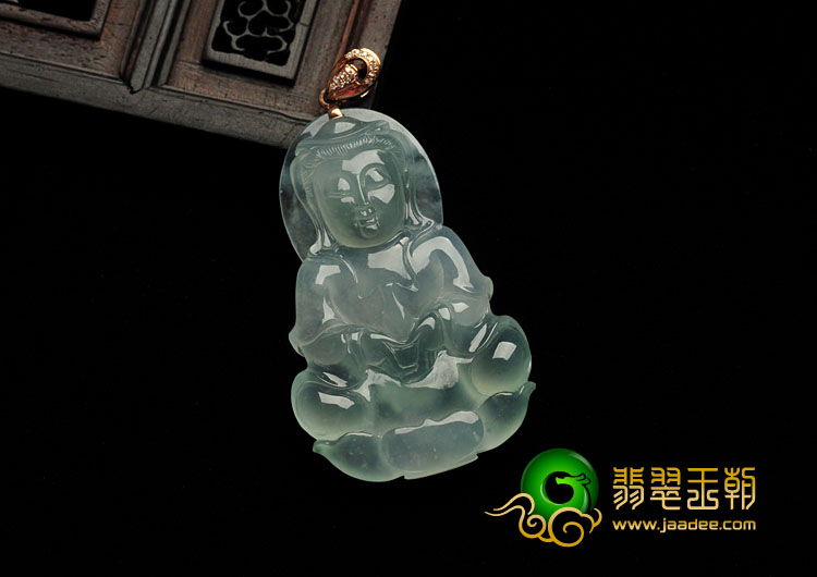 冰种晴水缅甸翡翠镶金扣观音挂件