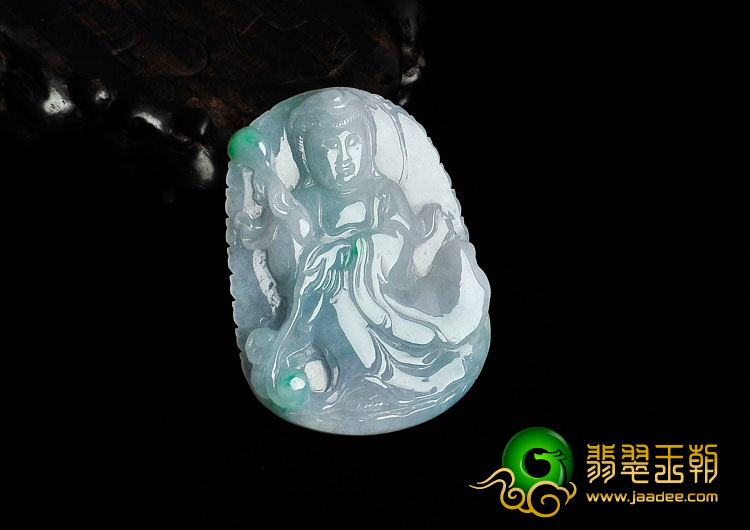 糯冰种春带彩缅甸翡翠站观音挂件