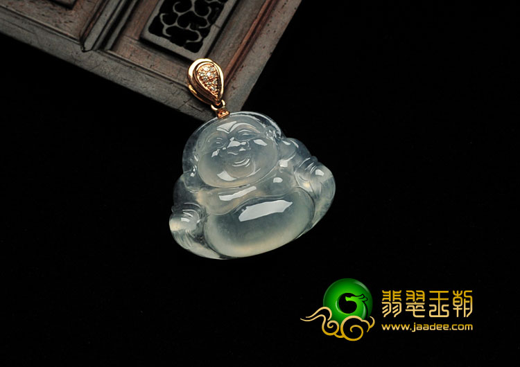 冰玻种晴水缅甸翡翠镶玫瑰金扣玉佛胸坠（真钻）