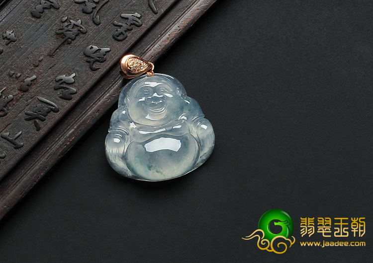 冰玻种飘花缅甸翡翠镶玫瑰金扣玉佛挂件（真钻）