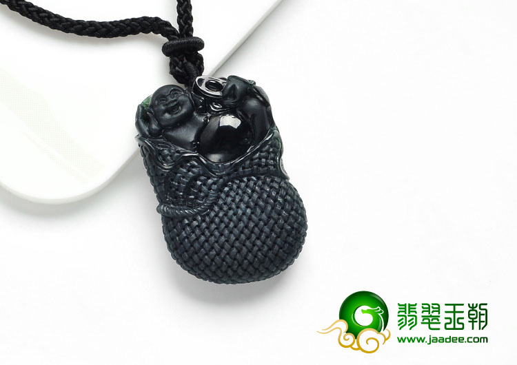 糯冰种墨翠缅甸翡翠A货布袋和尚挂件