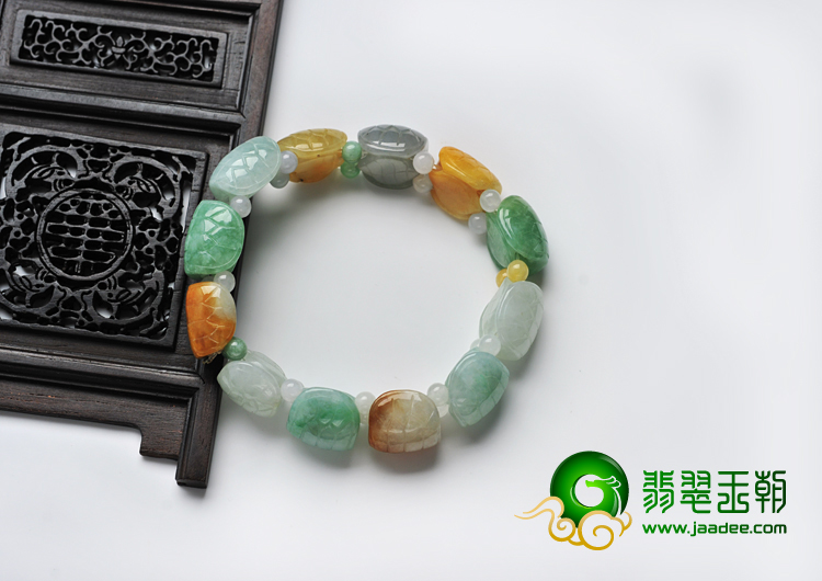糯冰种三彩缅甸翡翠A货龟壳手链