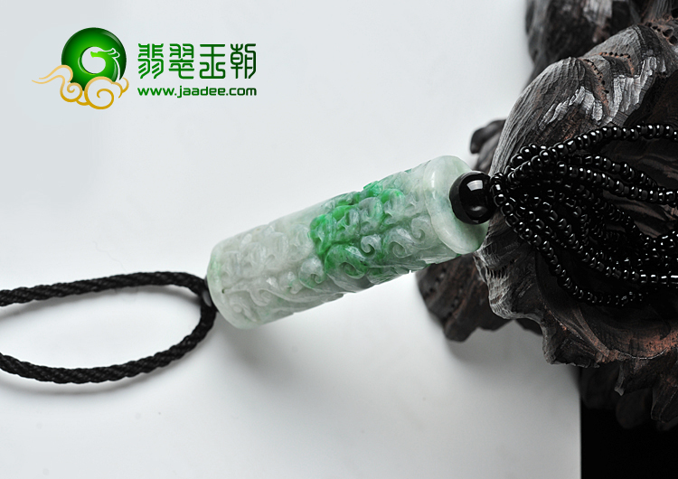 糯冰种白底青缅甸翡翠A货龙凤如意柱挂件