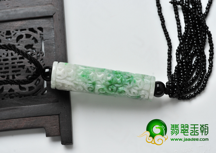 糯冰种白底青缅甸翡翠A货龙凤如意柱挂件