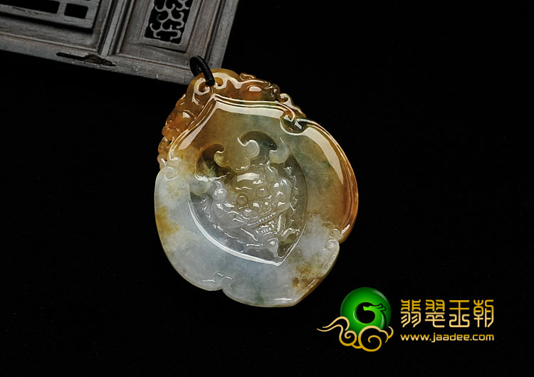 糯冰种红黄翡飘花缅甸翡翠A货仿古龙头如意挂件