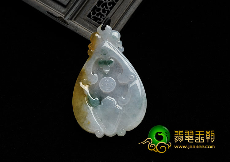 糯冰种红黄翡飘花缅甸翡翠A货仿古福在眼前挂件
