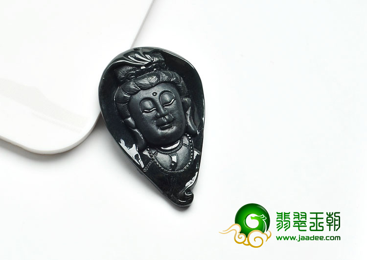 糯冰种墨翠缅甸翡翠A货观音头挂件