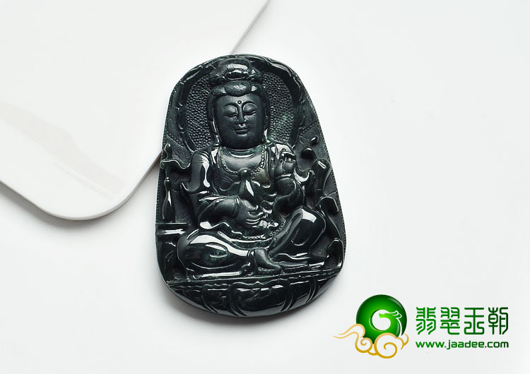 糯冰种墨翠缅甸翡翠A货观音挂件