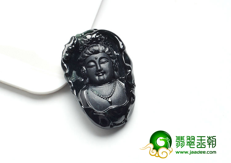 冰种墨翠缅甸翡翠A货观音头挂件