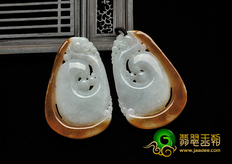 糯冰种红黄翡缅甸翡翠仿古龙行如意挂件（一对）