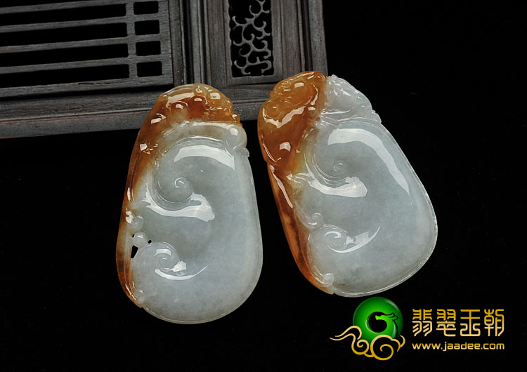 糯冰种红黄翡缅甸翡翠A货福寿如意挂件（一对）
