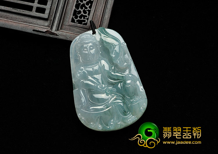 冰种飘花缅甸翡翠A货坐莲观音挂件