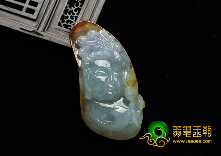 糯冰种晴水褐红黄翡缅甸翡翠A货观音头挂件