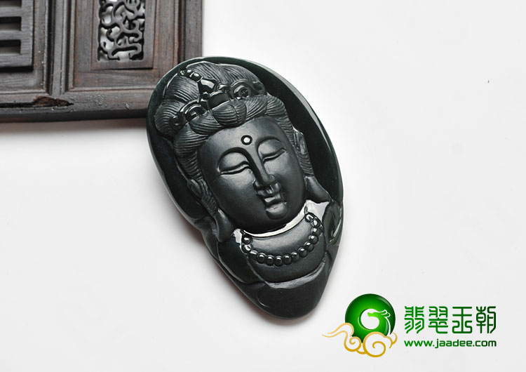 冰种墨翠缅甸翡翠A货观音头挂件