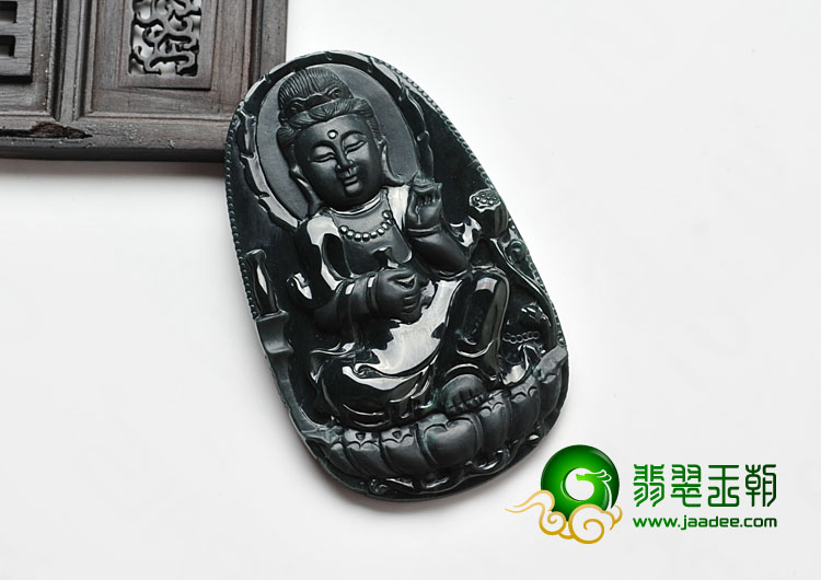 冰种墨翠缅甸翡翠A货坐莲观音挂件