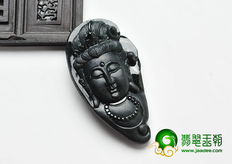 冰种墨翠缅甸翡翠A货观音头挂件