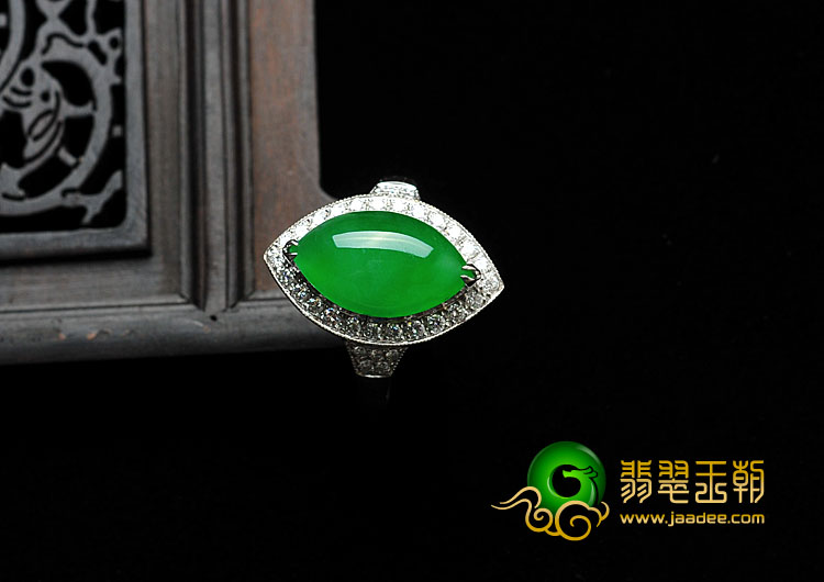 冰种阳绿满绿缅甸翡翠A货镶白金戒指（真钻）