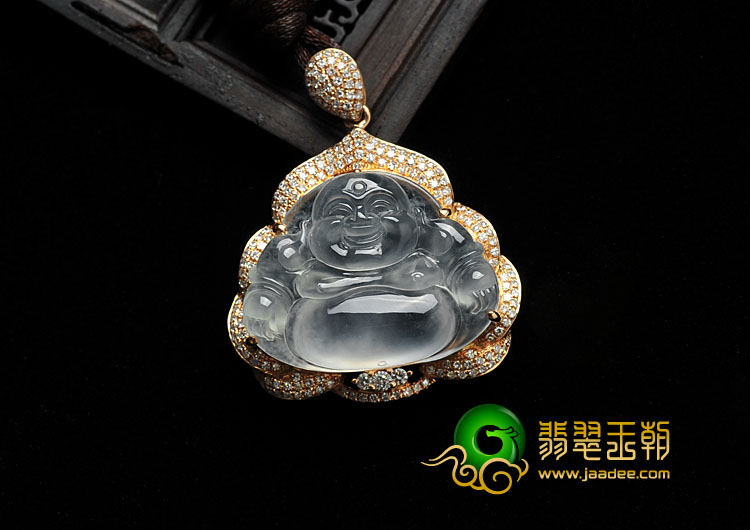 玻璃种强莹光缅甸翡翠A货镶玫瑰金玉佛胸坠（真钻）